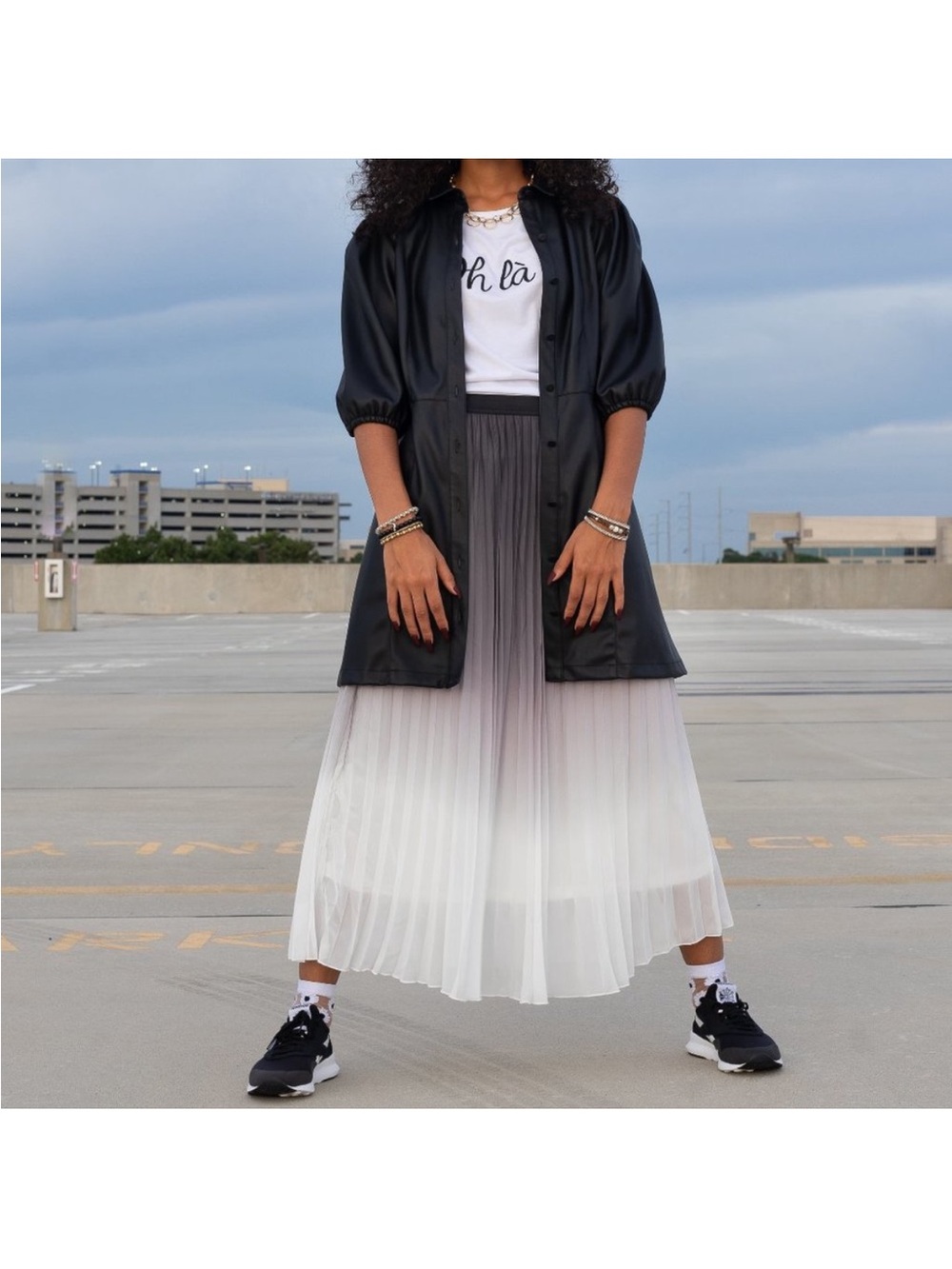 Effortless WD.NY Black & White Ombre Pleated Maxi Skirt Small